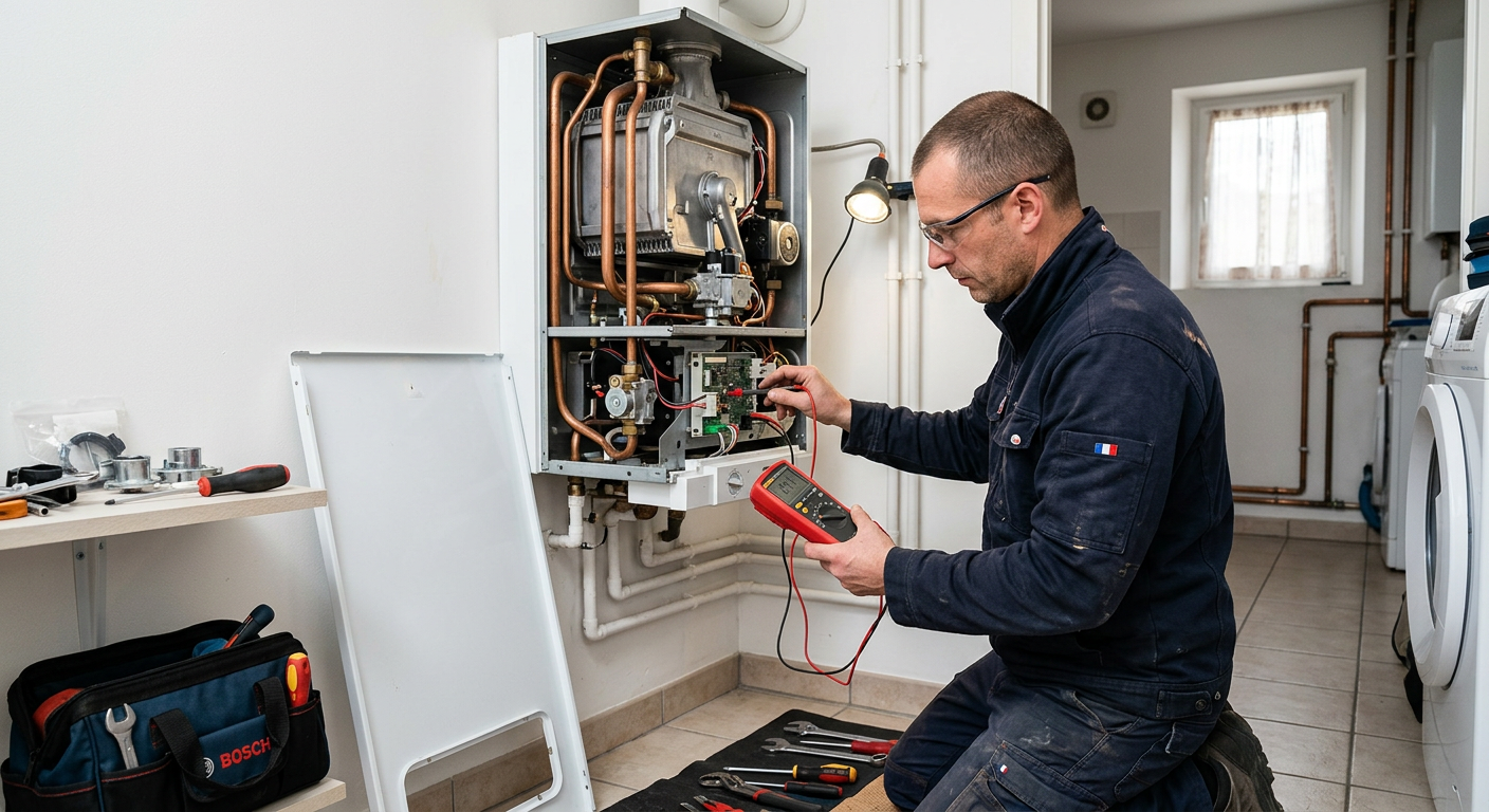Chauffagiste réparant une chaudière gaz murale à Ermont