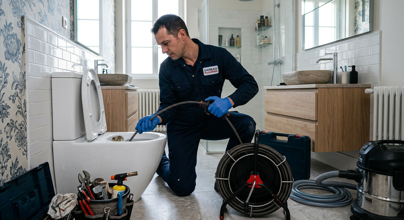 Plombier débouchant des WC avec un furet électrique à Ermont